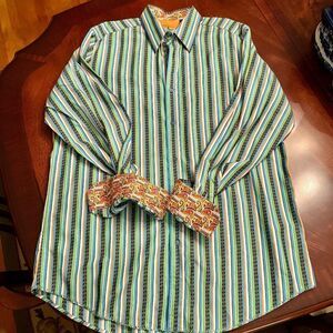 EEUC Men's Robert Graham Striped‎ Shirt Contrasting Cuff Lining Size XLT XL Tall